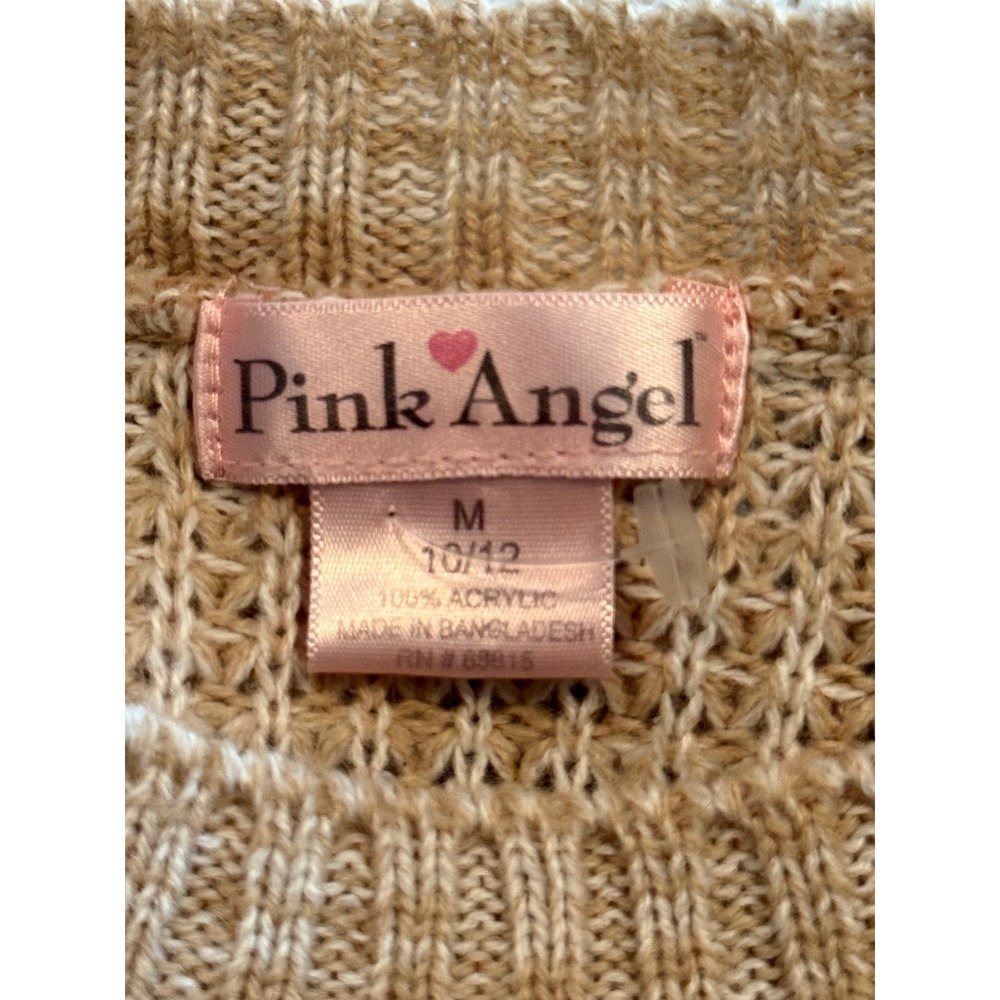 Pink Angel Girls Tan Beige Open Knit Crew Neck Sweater Size M 10/12 High Low Hem - Picture 3 of 6